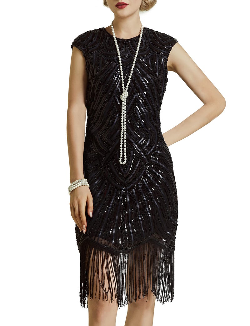 BABEYOND 1920s Flapper Dresses 20s Great Gatsby Dress 1920s Beaded Embellished Fringed Dress, Medium, Black - Image 1